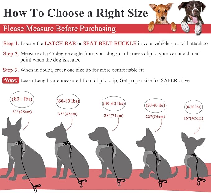 VIVAGLORY Dog Seat Belt Tuffbelt Dog Car Harness, Seatbelt with Clip & Hook for Car Travel, Chew Proof Anti Chew Unchewable Metal Safety Tether Restraint, L, Red