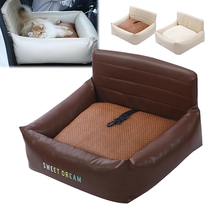 Car Seat Dog Bed with Safety Straps, Dog Car Seat for Small Dogs, Four Seasons Universal Double-Sided Rattan Mat Plush Pad, Washable Pet Booster Turn Seats (Coffee, 24.4 * 20.1 * 12.2in)