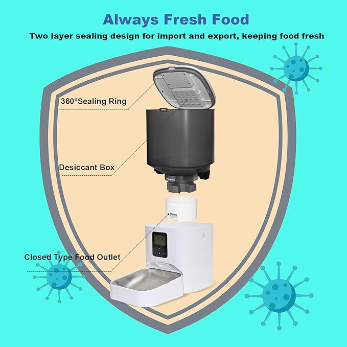 Automatic Cat Feeder, 6L Cat Food Dispenser with 10s Voice Recorder, Pet Feeder up to 8 Meals per Day, Timed Feeder with Dry Food Sealed Ring