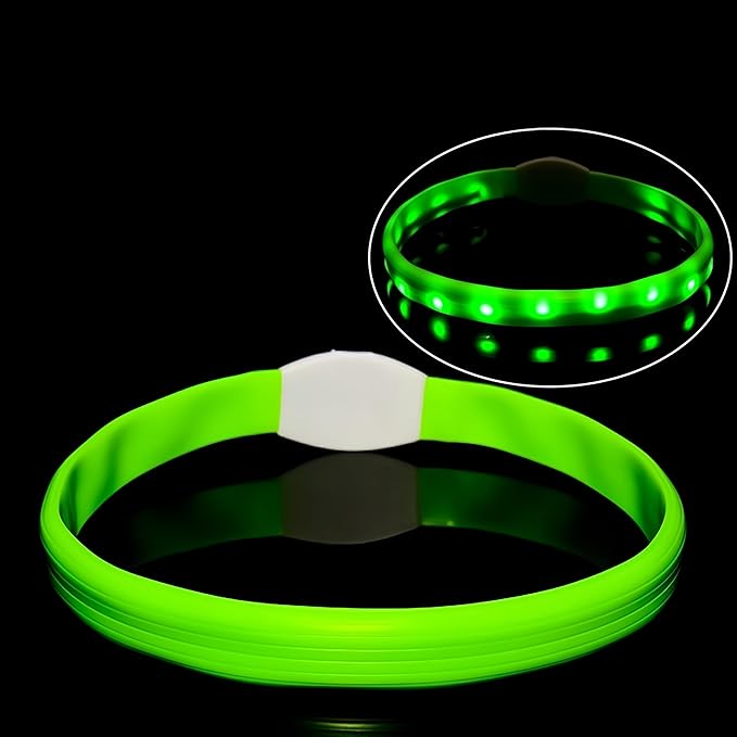 Rechargeable LED Dog Collar with Soft Silicone,Adjustable Glowing Safety Collar for Night Walks,3 Lighting Modes (Fast/Slow Flash/Steady),4 Colors (Red/Blue/Pink/Green),Fits Multiple Dog Sizes (Green)