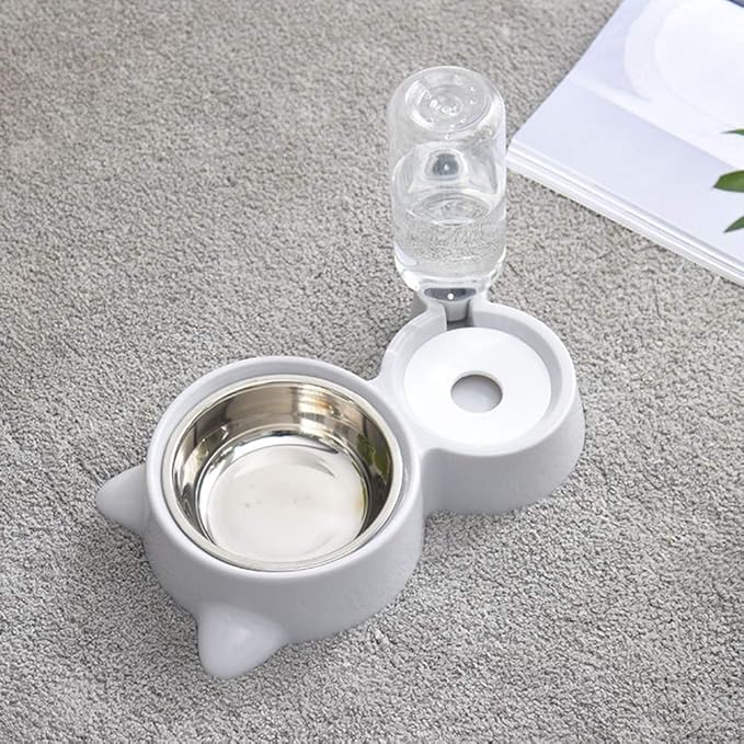 Baluue Pet Dual Water Food Feeder for Cats and Dogs Automatic Drinking Bowl Smooth Convenient Grey Color for Home Decor