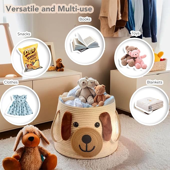 Large Dog Woven Basket with Handles - Toy Storage Bin, Baby Gift & Animal Nursery & Cute Laundry Basket, for Clothes, Towels, Toys (Dog)