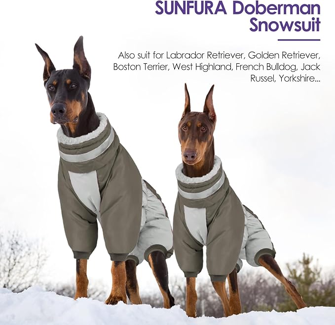 SUNFURA Full Body Dog Coat - Warm Fleece Jacket for Large Dogs, Turtleneck Winter Coats with Harness, Reflective Windproof Dog Snowsuit with Legs for Labrador,Golden Retriever, Army Green 2XL