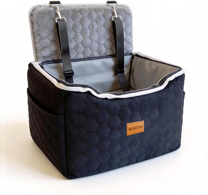 Dog Car Seat for Small Medium Dogs Under 35lbs - Dog Booster Car Seat with Adjustable Straps,Elevated Detachable Washable Pet Travel Cat Bed with Storage Pockets,2 Safety Belts (Grey)