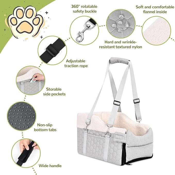 Center Console Dog Car Seat, Detachable Washable Dog Booster Seat, Adjustable Safety Belts and Built-in Leash Pet Carseat, Portable Puppy Travel Carrier with Cushion for Small Dogs Cats(Gray)