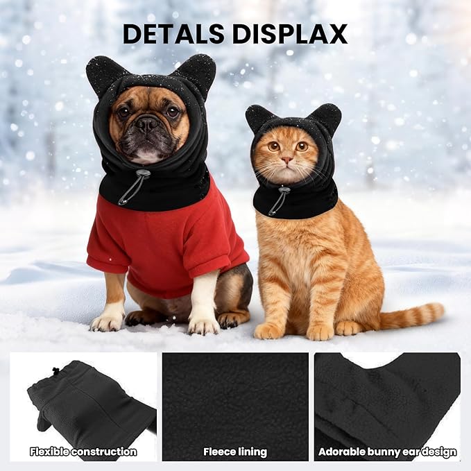 Dog Snood Winter Hood with Ear Protection, Fleece Neck Warmer for Dogs, (Black, Medium)