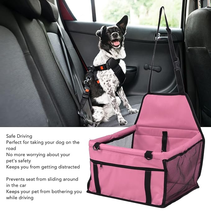 Stable Dog Car Seat, Portable Pet Booster Car Seat with Safety Leash, Waterproof Breathable Prevent Slip Dog Car Basket for Puppy Cat, Car Pet Supplies (Pink)