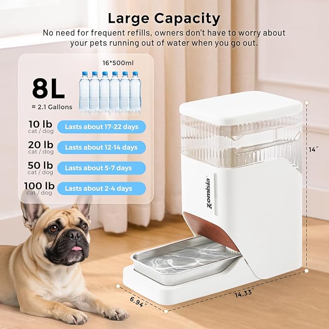 8L Dog Water Bowl Dispenser & Maifan Stone Filter Replacement 3Pcs