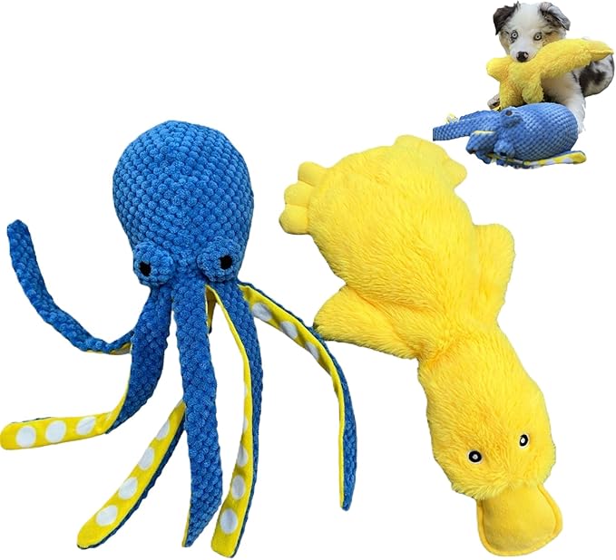 Duck and Octopus Dog Toys - Crinkle, Squeaky, Plush, No Stuffing, Interactive, Stimulating, Fun, Boredom, Busy, Calming, Cuddle, Puppy, Play, Gift - Large, Medium, Small Dog - Set of 2