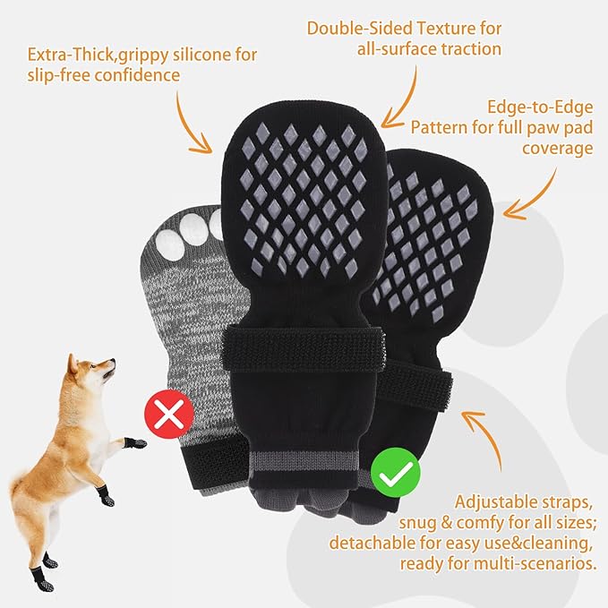 KOOLTAIL Anti Slip Dog Socks Booties to Prevent Licking Paws Scratching, Pet Boots&Paw Protector for Hardwood Floors, Dog Shoes for Winter, Traction Control Grip Socks for Small Medium Large Dogs XS