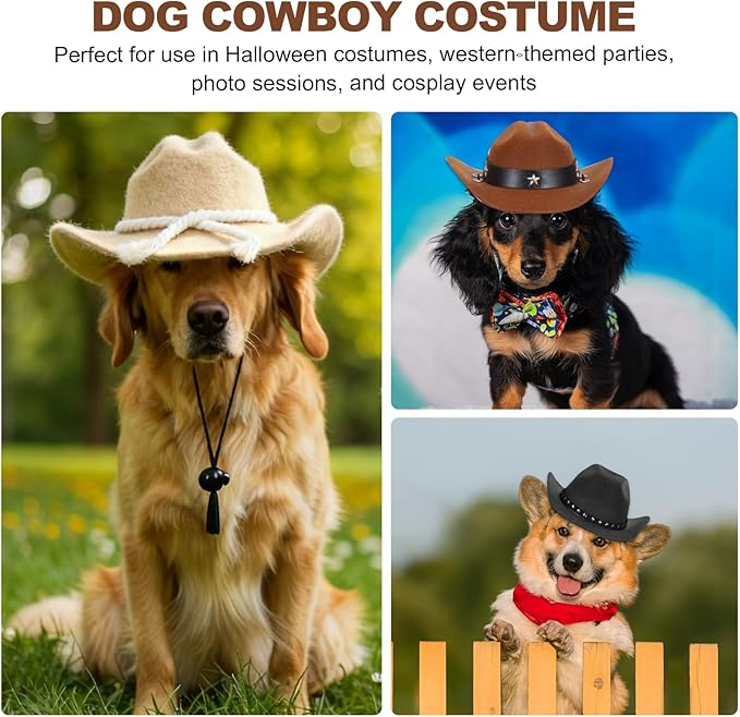 Dog Cowboy Hat, Mini Cowboy Hat for Pet with Chin Strap Adjustable Cosplay Cap, (Brown, L), Intended for Dogs and Cats/Halloween Costume/Party Decoration