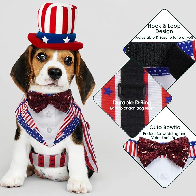 Kuoser Independence Day Dog Tuxedo Dog Suit and Bandana Set, 4Th of July Dog Costume American Flag Dog Outfit with Bow Tie for Large Medium Small Dogs Golden Retriever Samo Bulldogs, M