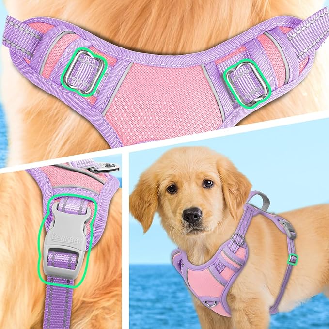 BARKBAY No Pull Dog Harness Large Reflective Dog Harness with Front Clip and Easy Control Handle for Walking Training Running with ID tag Pocket(Baby Pink & Violet Purple,XS)