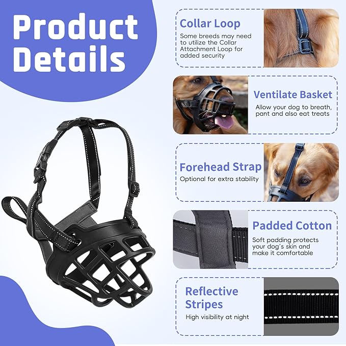 BARKLESS Dog Muzzle, Soft Basket Silicone Muzzle for Dogs to Prevent Biting and Chewing, Breathable Cage Mouth Cover for Training, Allows Drinking and Panting, Used with Collar