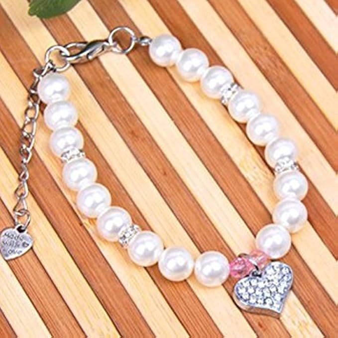 Fancy Pinky Crystal Heart Pet Cat Dog Necklace Jewelry with Bling Pearls Rhinestones Charm for Pets Cats Small Dogs Girl Teacup Chihuahua Yorkie Clothes Costume Outfits (8-Inch)