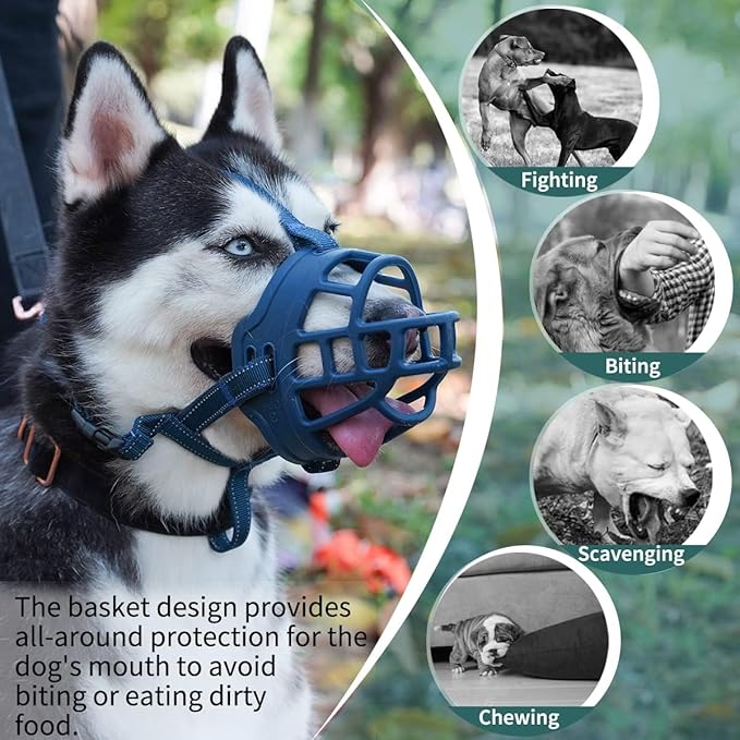 BARKLESS Dog Muzzle, Basket Muzzle for Small Medium Large Dogs, Soft Cage Mouth Cover for Biting Chewing, Allow Drinking Panting for German Shepherd Pitbull Rottweiler (3 (Snout 9½-10¼"), Blue)