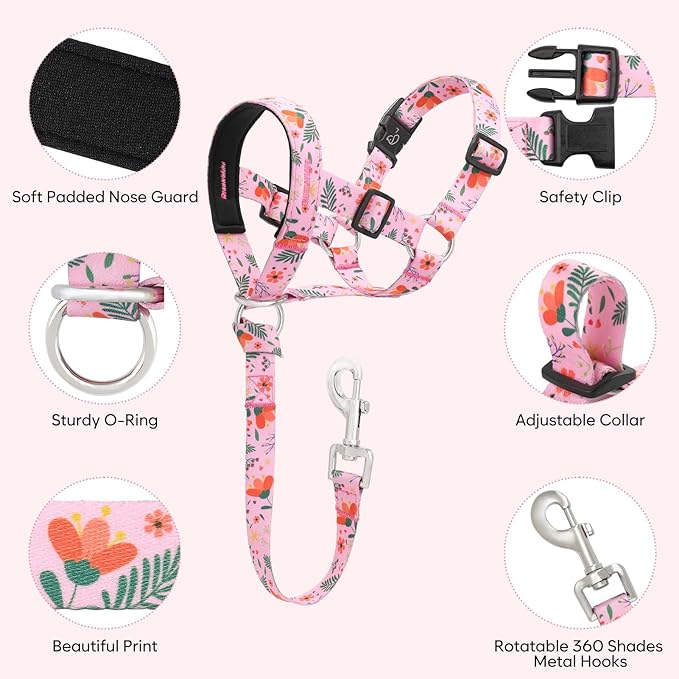 Dog Head Collar, Printed No-Pull Headcollar, Adjustable Dog Head Halter Gentle Lead with Safety Link, 3 Colors Muzzle Leash for Small Medium Large X-Large Dogs Easy Walks (Medium, Mimosa)