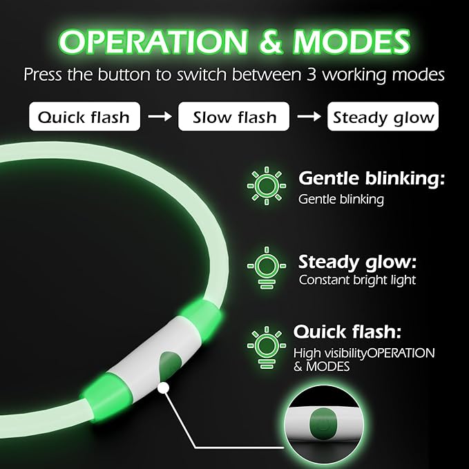 Rechargeable Reflective Pet Gear LED Dog Collar Light Up, Flashing Glowing Illuminated Collar for Night Walking, Neon Pet Collar with Light for Small/Medium/Large Dogs (Green, 1-Pack)