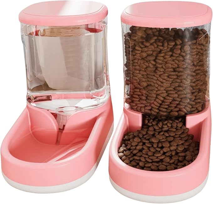 Gravity Pet Feeder & Water Dispenser Set (2Pcs), 1 Gallon Large Capacity Auto-Fill Top Fill Dog Cat Bowl, Fully Transparent Food Container with 6° Tilted Base for Healthy Feeding (Pink)