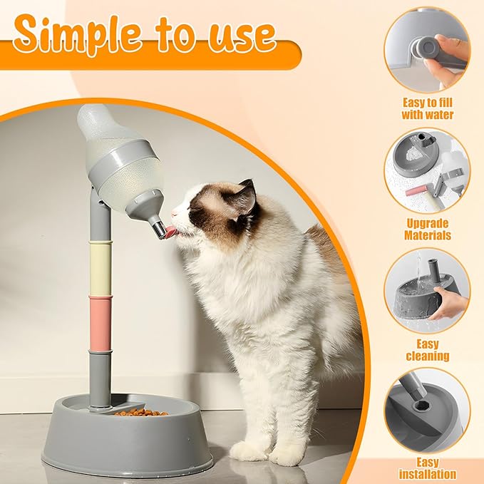 Dog Water Bottle Stand, Adjustable No Drip Dog Water Dispenser with Bowl, 2 in 1 Pet Bowls, Standing Pet Water Dispenser, Automatic Water Food Feeder with Detachable Pole for Your Pets (Gray)