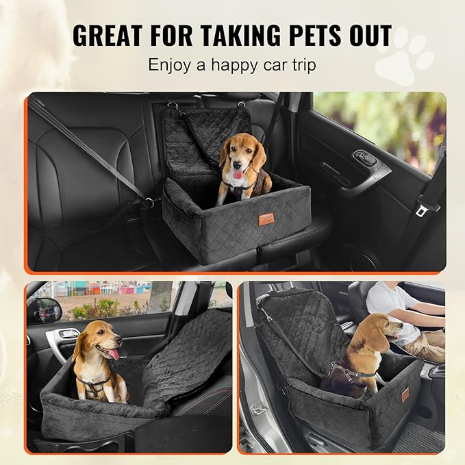 VEVOR Dog Car Seat, Dog Booster Seat for Car with a Storage Pocket, Clip-On Safety Leash, Sponge and PP Cotton Filling, Vehicle Bed for Small & Medium Pet up to 40lbs, Black