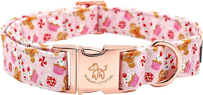 Elegant little tail Dog Collar, Christmas Pink Gingerbread Man Print Pet Collar Cute Dog Collars Male or Female Pet Gift Adjustable Dog Collar for X-Large Dogs
