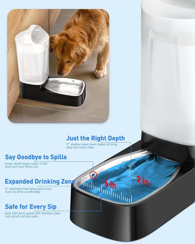 Automatic Dog Water Bowl Dispenser with 4 Filter - 2.4 Gal Large Gravity Auto Pet Water Feeder Waterer with Stainless Steel Bowl & Easy Carry Handle for Large Dog Cat Multi Pet Use