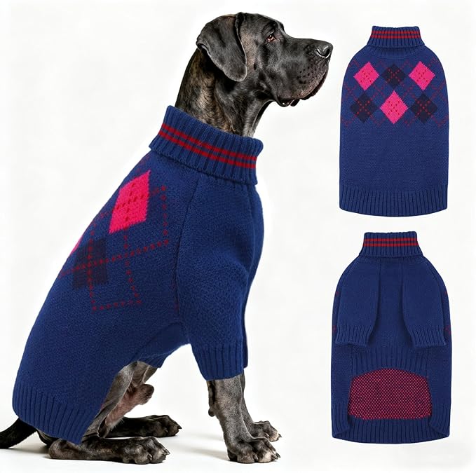 Dog Sweater for Medium Large Dogs, Cold Weather Cable Knit Pullover, Thick Warm Turtleneck Winter Clothes for French Bulldog, Labrador, Golden Retriever, German Shepherd, Great Dane- Blue 5XL