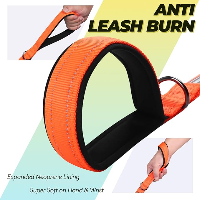 VIVAGLORY Twingrip Dog Leash, Double Handle Dog Leash for Training & Walking with Traffic Handle & 2 Loop, Traffic Control Reflective Heavy Duty for Puppy Pet, 6ft x 1in, Orange