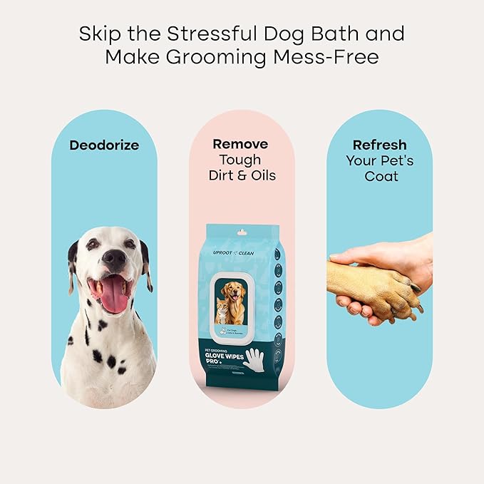 Uproot QuickClean Gloves Pro: Extra-Thick Pet Glove Wipes for Dogs & Cats - Easy Wipe Paws, Eyes, Ears, Butt, & Body - Lick-Safe for Cats & Dogs - Cleaning, Deodorizing & Grooming (20 Pack)