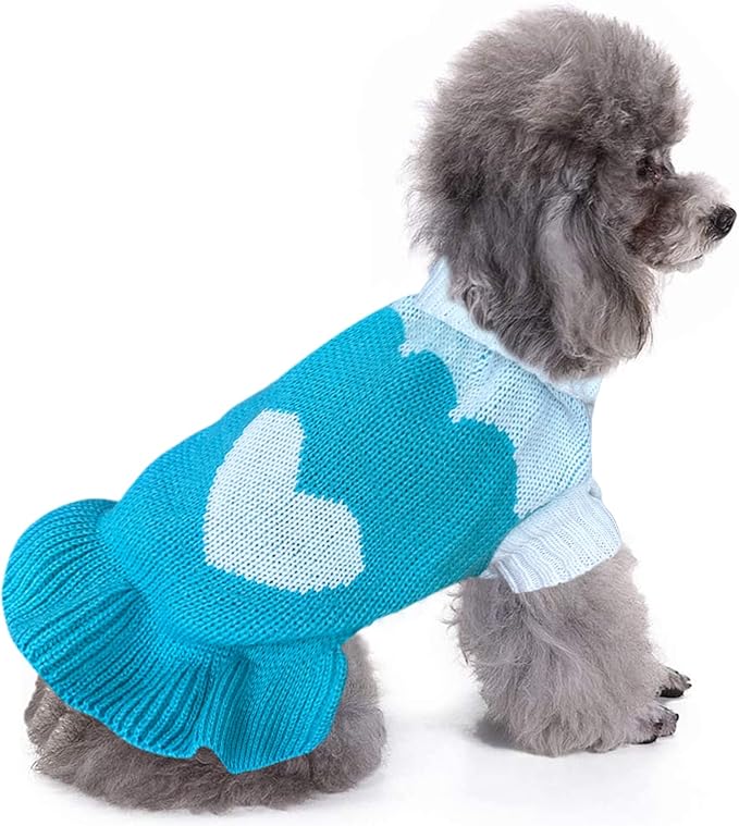 CHBORCHICEN Pet Dog Sweaters Classic Knitwear Turtleneck Winter Warm Puppy Clothing Cute Strawberry and Heart Doggie Sweater (XXS, Dress-Sky Blue)