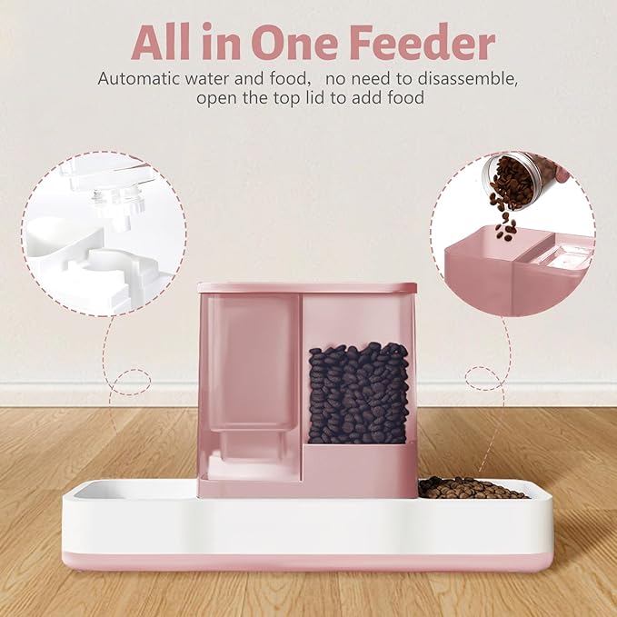 Yummy Sam Automatic Small Pet Feeder and Water Dispenser, 2 in 1 Gravity Cat Auto Pet Feeder and Waterer Set Feeder Dish for Small Medium Pets Dog Puppy Kitten (Pink)
