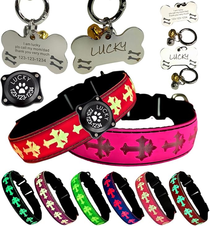 Pet Collar with AirTag Holder and ID Tag, 15 Lighting Modes, Waterproof Cross Pattern Design, Multiple Colors (Pink, M(11.8-15.7"))