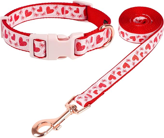 azuza Valentine's Day Dog Collar and Leash Set, Adjustable Pink Dog Collar with Glittery Red Heart Pattern Matching Leash Valentines Day Gifts for Small Dogs