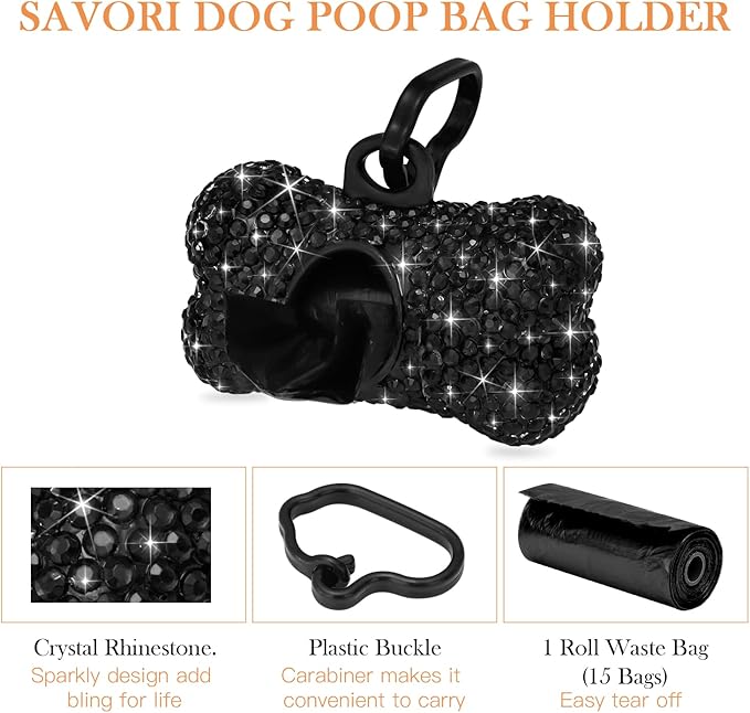 SAVORI Dog Poop Bag Holder Bling Crystal Dog Waste Bags Dispenser for Pet Dog Doggy with Carabiner Clip Includes 1 Roll 15 Bags (Black)
