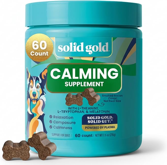 Solid Gold Calming Chews for Dogs - Dog Calming Chews W/Melatonin for Separation, Stress & Hyperactivity Relief - Supports Relaxation for Travel, Fireworks & Storms - All Ages & Sizes - Bacon - 60ct