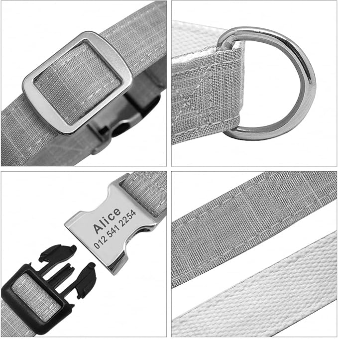 Fashion Nylon Personalized Dog Collar Engraved Name Dog Collars Custom Puppy Pet Collar ID Tag for Small Medium Large Big Dogs Grey M