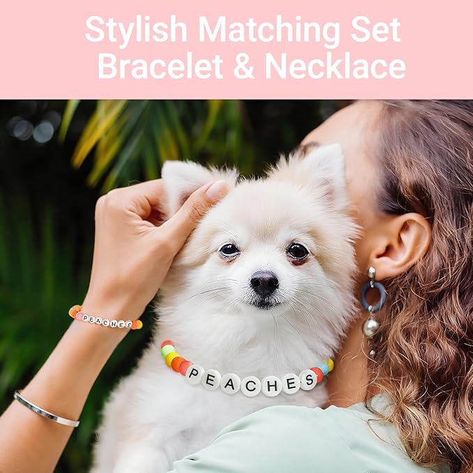 Personalized Beaded Dog Collar with Custom Name & Free Matching Bracelet - Adjustable Rainbow Pet Necklace Collar for Cats Dogs | Pet Lover Gift (#B)