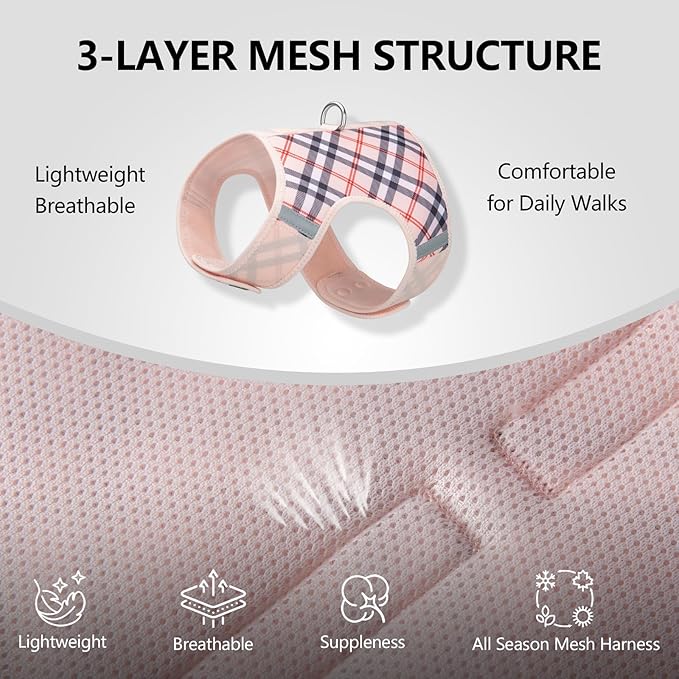 Dog Harness for Small Sized Dog,Hook-and-Loop Easy On/Off, Reflective Adjustable Soft Mesh Vest for Puppy (Checkered Beige,S)
