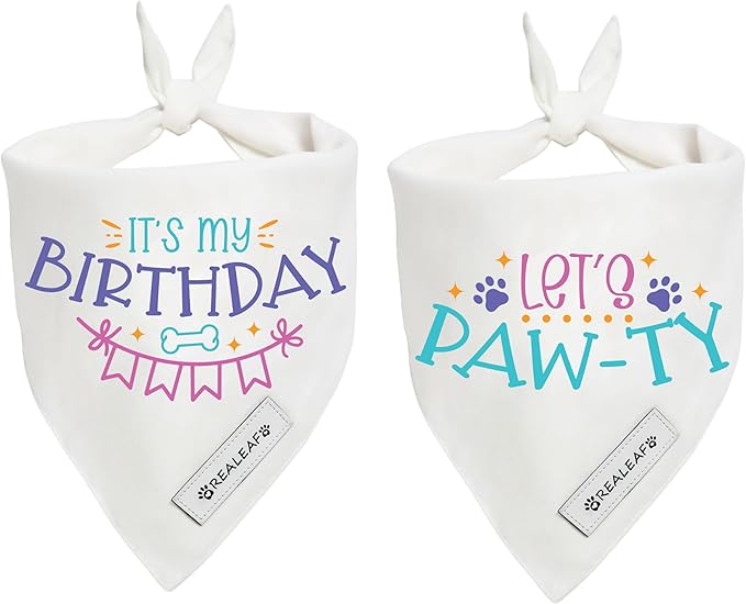 Realeaf Birthday Dog Bandanas 2 Pack (White, Large)