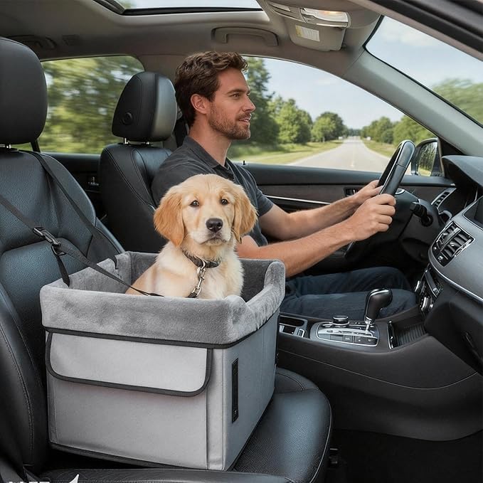 Dog Car Seat, Comfortable Safe Travel, 39.4x36.8x33cm, Portable Washable Plush Booster Bed, Pet Car Seat with Storage Pockets, Easy to Use, for Dogs Under 25 Lbs