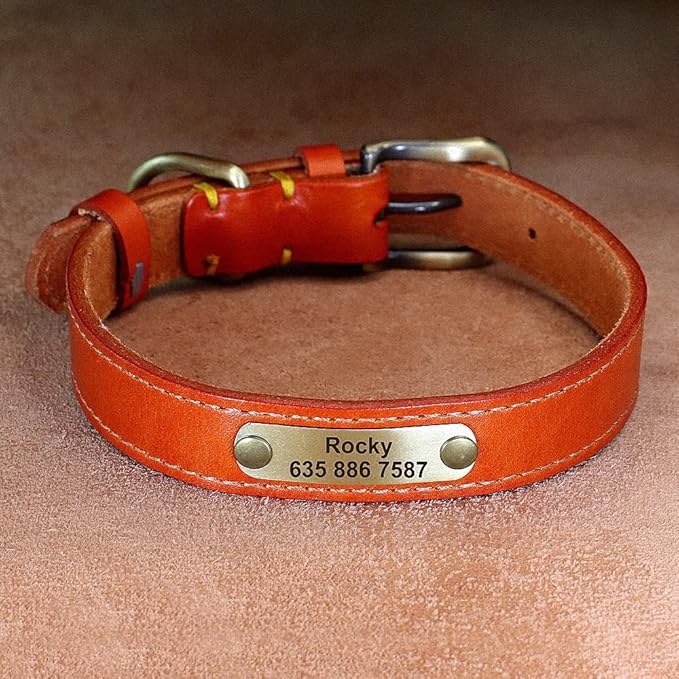 Personalized Leather Dog Collar Custom Dog Collars Leather Gold Buckle Pet ID Collar for Small Medium Large Dogs Dobermann Light Brown L