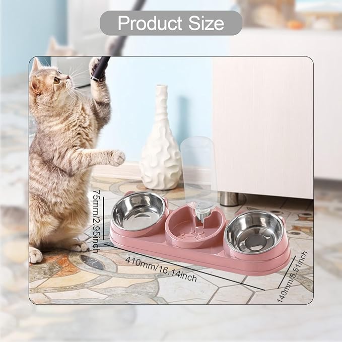 Triple Cat Bowls Pet Feeder with Water Dispenser 15° Tilted Wet and Dry Food Bowl Set for Small Dogs and Cats-