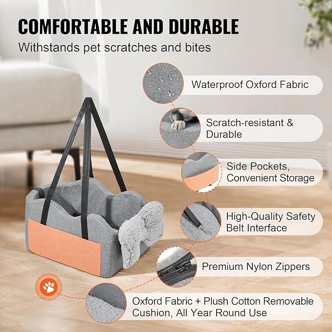 Happybuy Console Dog Car Seat, Center Console Dog Booster Seat for Small Dog, Pet Car Seat for Car Armrest with Clip-On Leash, Adjustable Straps, Supports up to 8lbs, Dark Gray
