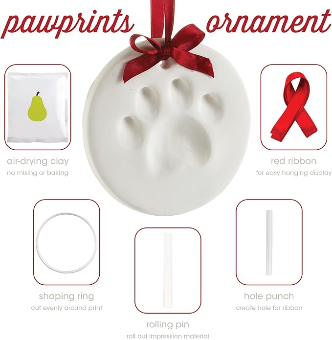 Pearhead Clay Pawprint Christmas Ornament, Pet Owner Holiday Gift, Dog or Cat Paw Print Keepsake, DIY Pawprint Hanging Ornament, Classic Red Ribbon