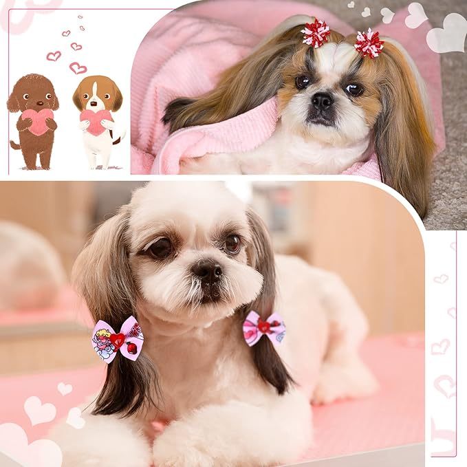 Weewooday 70 Pcs Dogs Hair Holiday Dog Bows Bowtie with Rubber Band Pet Hair Accessories Puppy Bowknot Topknot Pet Grooming Bow for Holiday Christmas Small Puppy Decor(Romantic Style)