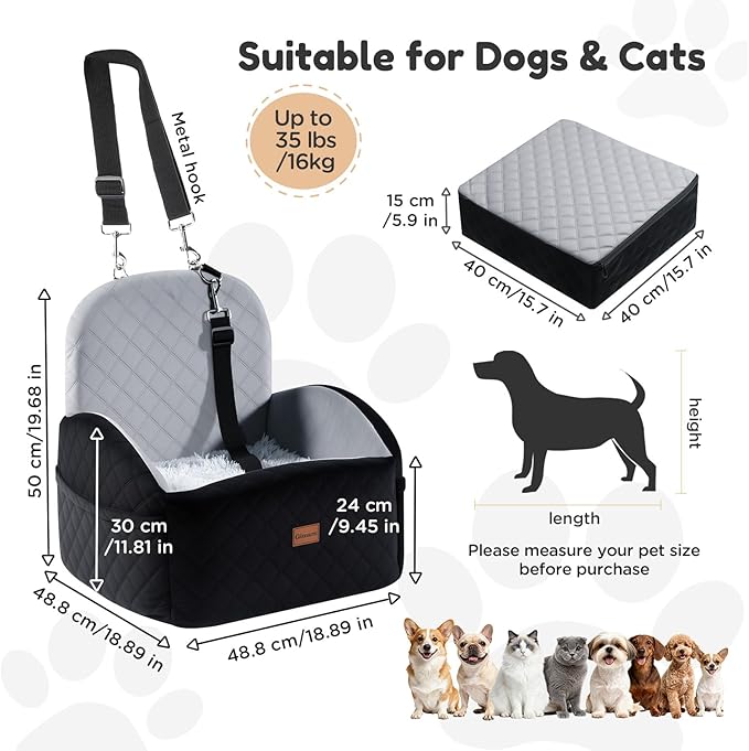 Gimars Reversible Dog Car Seat with Long & Short Plush Seat Cushion for Small/Medium Dogs Up to 40lbs, Detachable Washable Anti-Slip Dog Booster Seat with 5.9'' 28D Egg-Crate Foam, Safety Belt, S