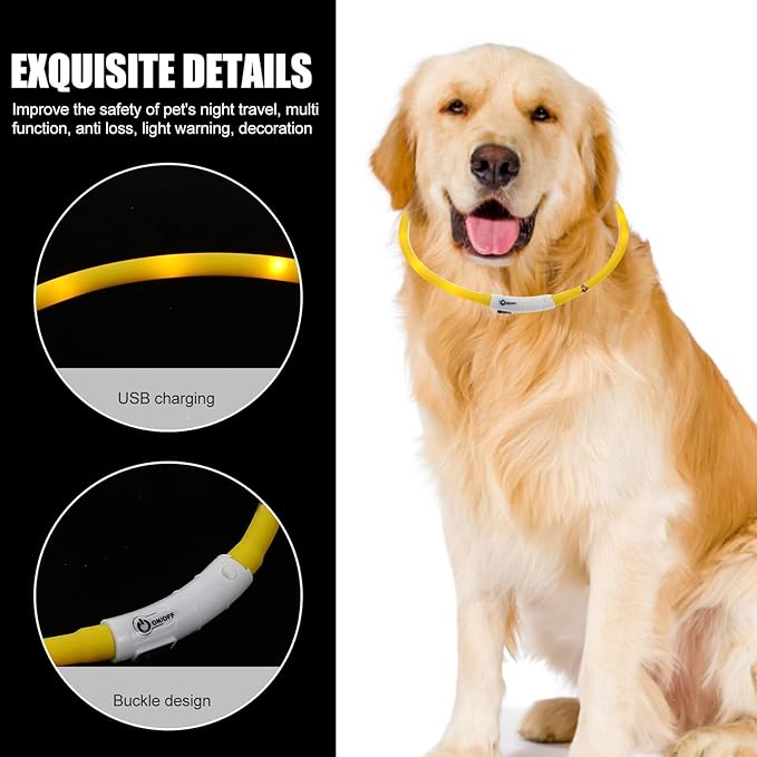 Sosoport LED Rechargeable Silicone Pet Collar, Adjustable L Size Glowing Dog Neck Belt for Night Safety and Decoration, Yellow Oval Luminous Collar for Dogs