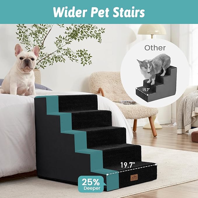 Dog Stairs for Small Dogs 5-Step, 19.7" Extra Wide Right-Angle Pet Stairs for Couch and Beds, Anti-Slip Dog Steps for Old Cats and Lowrider, 19.7x29.5x23.6 inch, Black