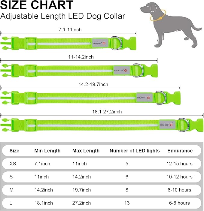 CHUKCHI LED Dog Collar Rechargeable,Waterproof Flashing Collar,Light Up Glow Collar, Adjustable Soft Safety Light Up for Small Medium Large Dogs Walking Camping at Night (Green-S)